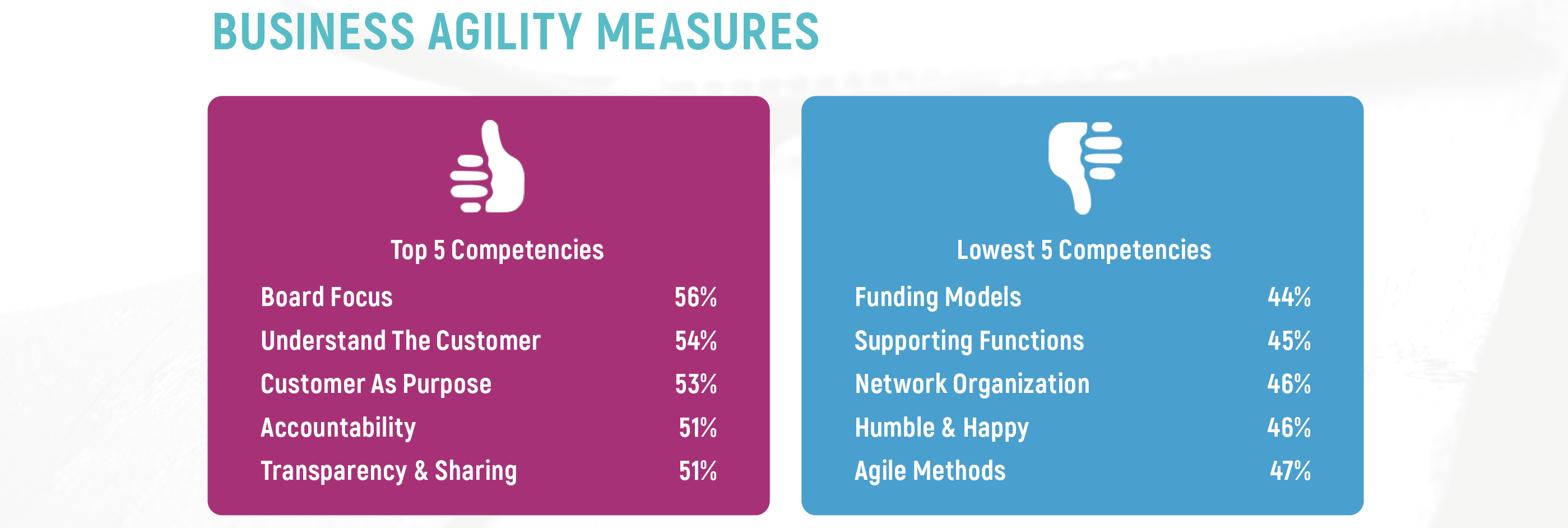 The top five business agility competency measures are: board focus, understanding the customer, giving your customer purpose, accountability, and transparency and sharing